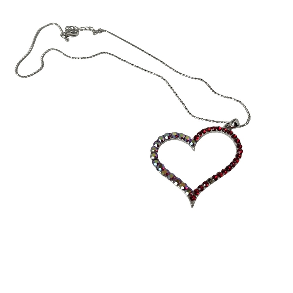 Silver Tone Open Heart Pendant Necklace Red & AB Iridescent Crystals 18 Inch